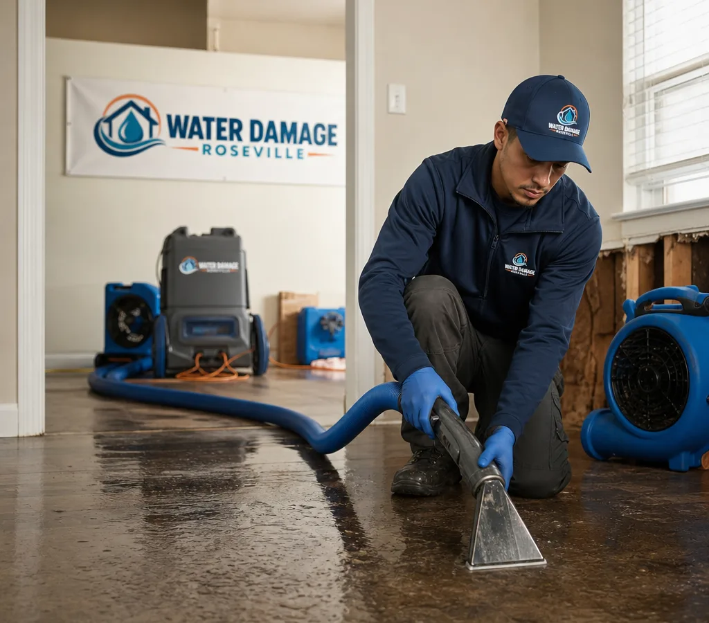 Technician extracting water from a residential room with air movers staged nearby