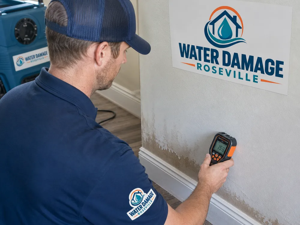 Moisture meter checking drywall near a baseboard and drying equipment