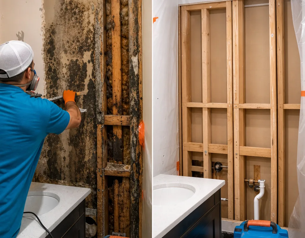 Before-and-after comparison of mold-stained bathroom drywall and clean, dried framing prepared inside containment