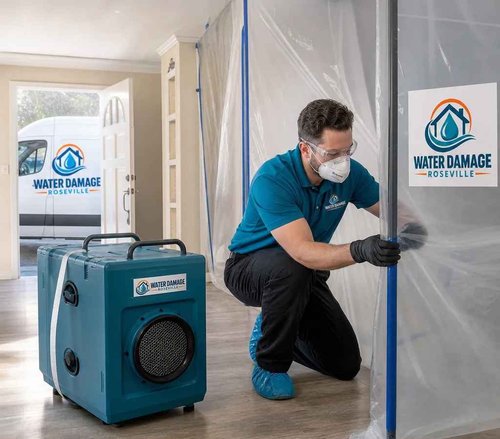 Certified technician in protective gear setting up plastic containment and a HEPA air scrubber inside a Roseville home during mold remediation