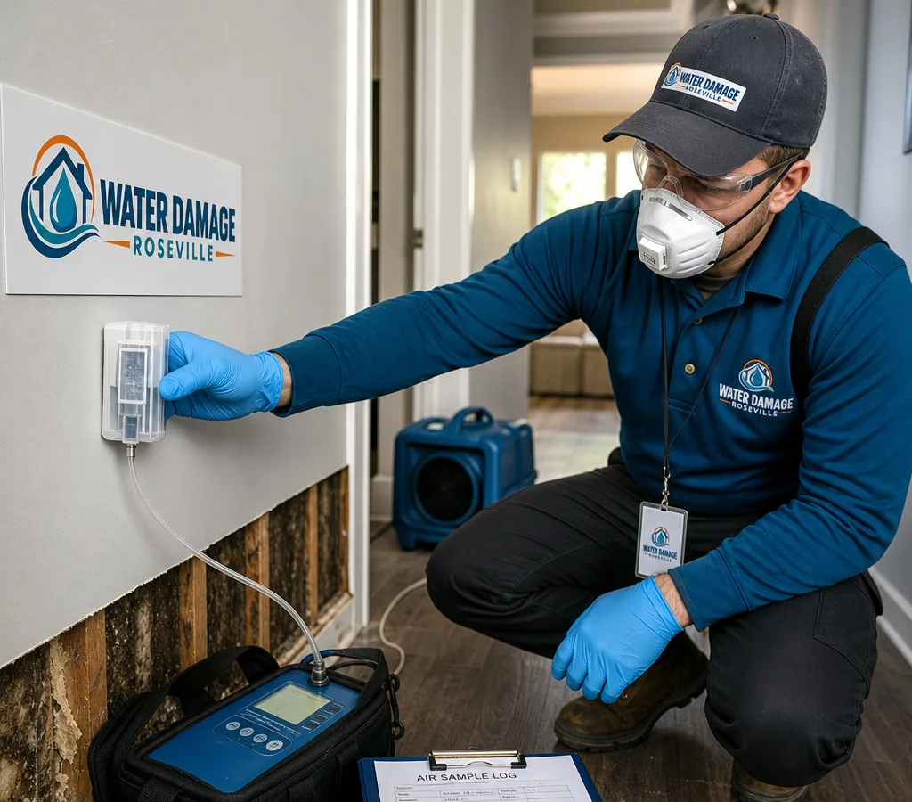 Inspector collecting an indoor air sample with a calibrated pump and sample cassette in a Roseville home