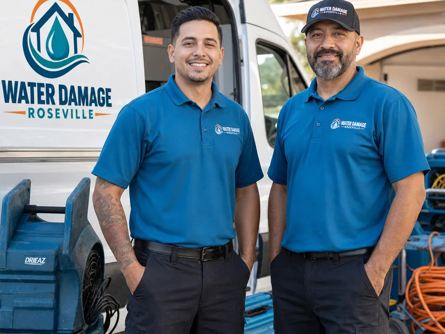 Water Damage Roseville technicians beside a service vehicle with drying equipment